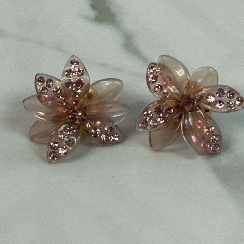 J Crew Floral Pink Acrylic Pave Rhinestone Stud Earrings
